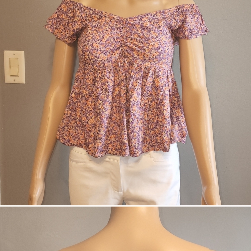 floral Off-Shoulder Ruffle Babydoll Ruched Gathered Top              #011